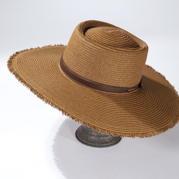 SOLD OUT Brown Straw Wide Brim w/ Frayed Edge Sun Beach Vacation Summer Women's - Picture 5 of 7